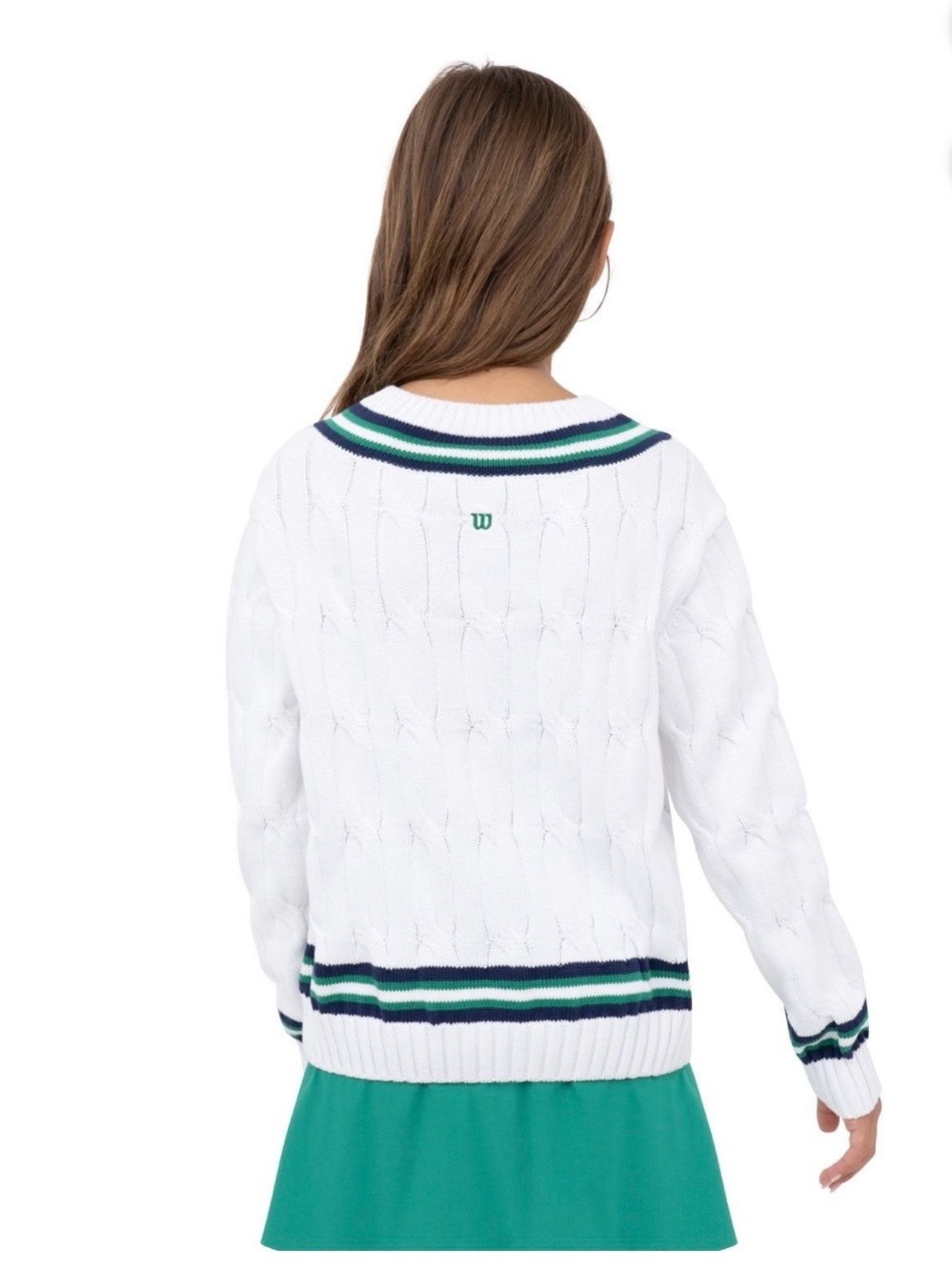Wilson White Cable-Knit V-Neck Sweater with Green & Navy Stripes - Picture 3 of 11